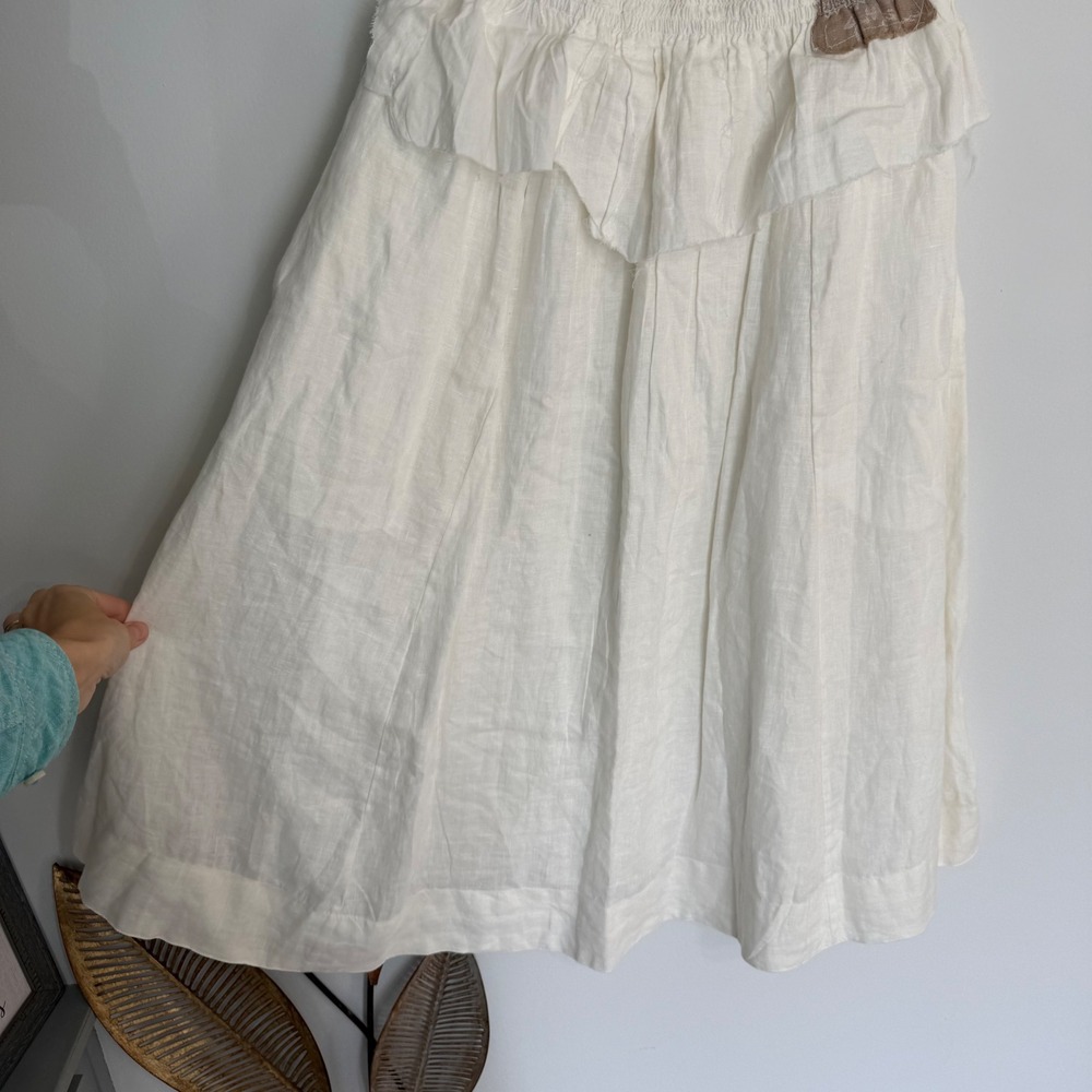 J4 Anthro Hemant & Nandita White Smocked Strapless Linen Midi Dress Lace Trim S - Picture 7 of 13